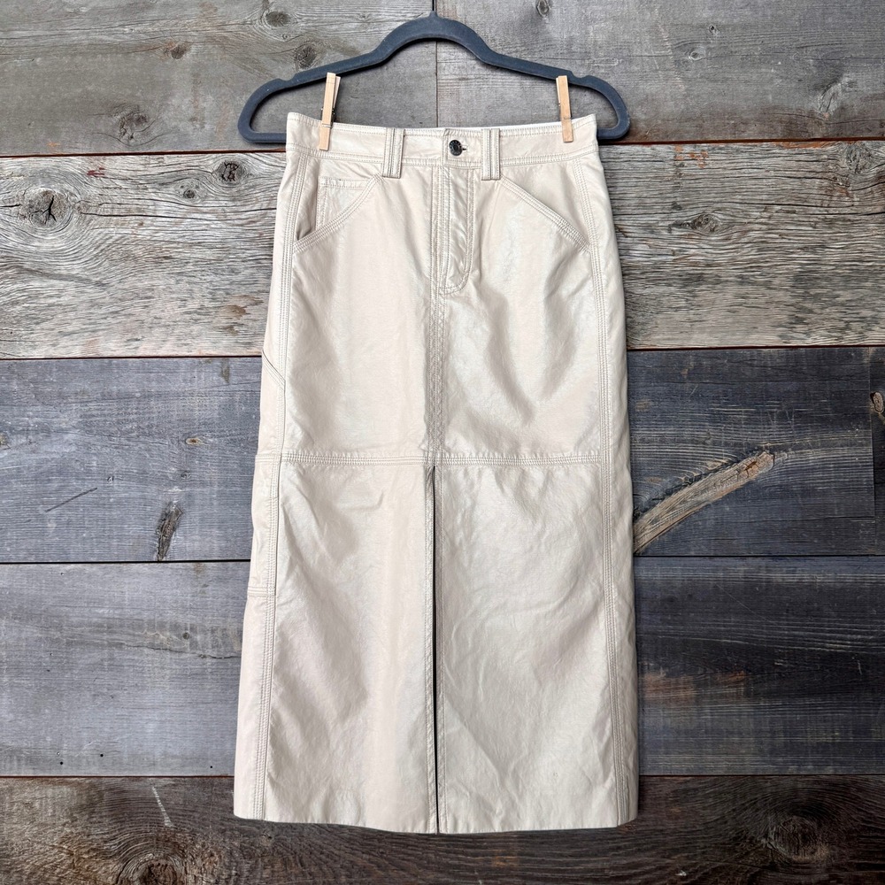 ALC Alden Faux Leather Midi Skirt 0 Mirage Ivory Quiet Luxury Edgy Modern Vegan